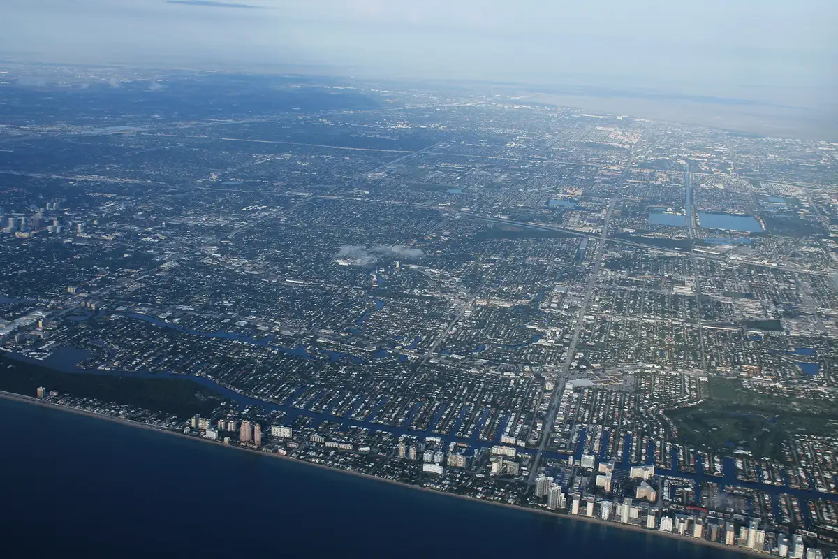 The Fort Lauderdale coast from the air, with the Galt Ocean Mile towers at bottom right