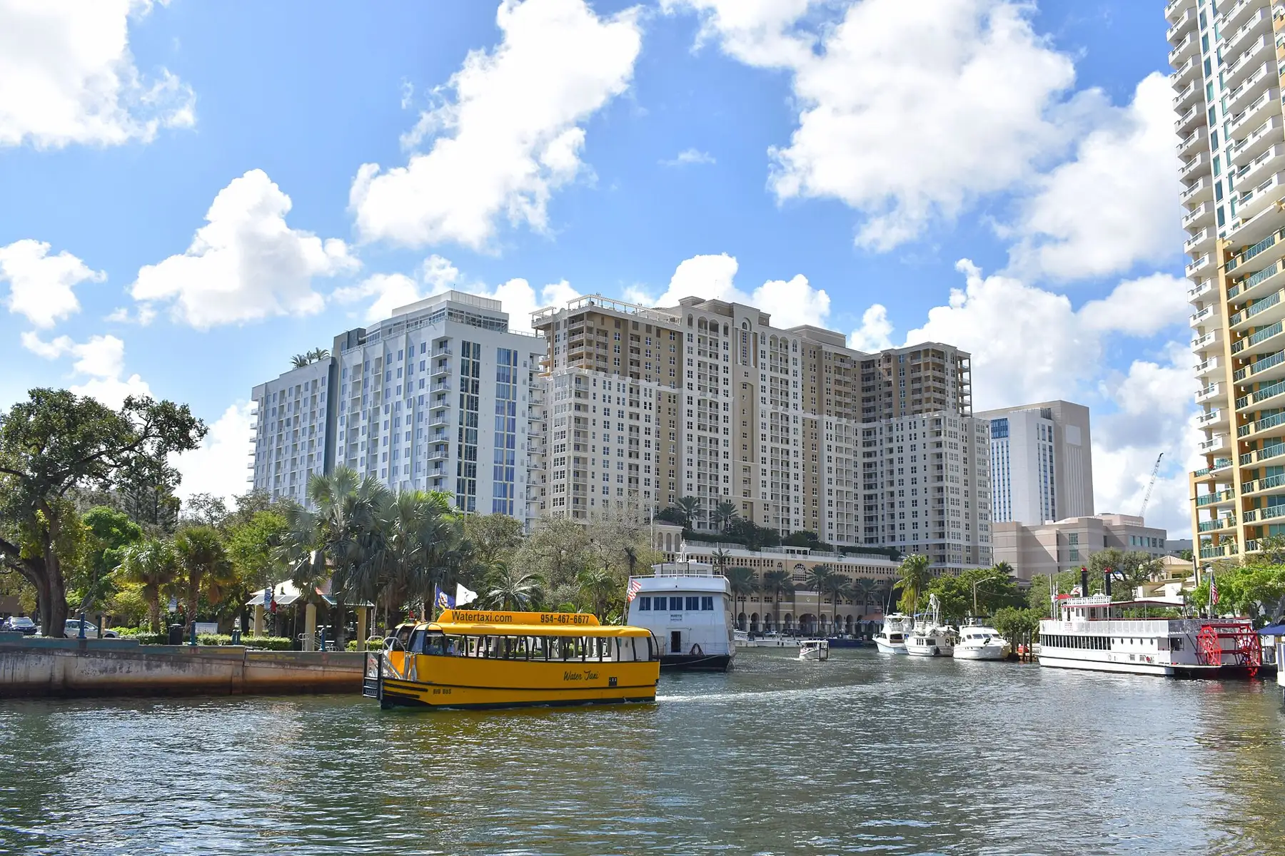 The water taxi on the New River downtown; it also stops on the beach side — Las Olas Beach Club, Fort Lauderdale