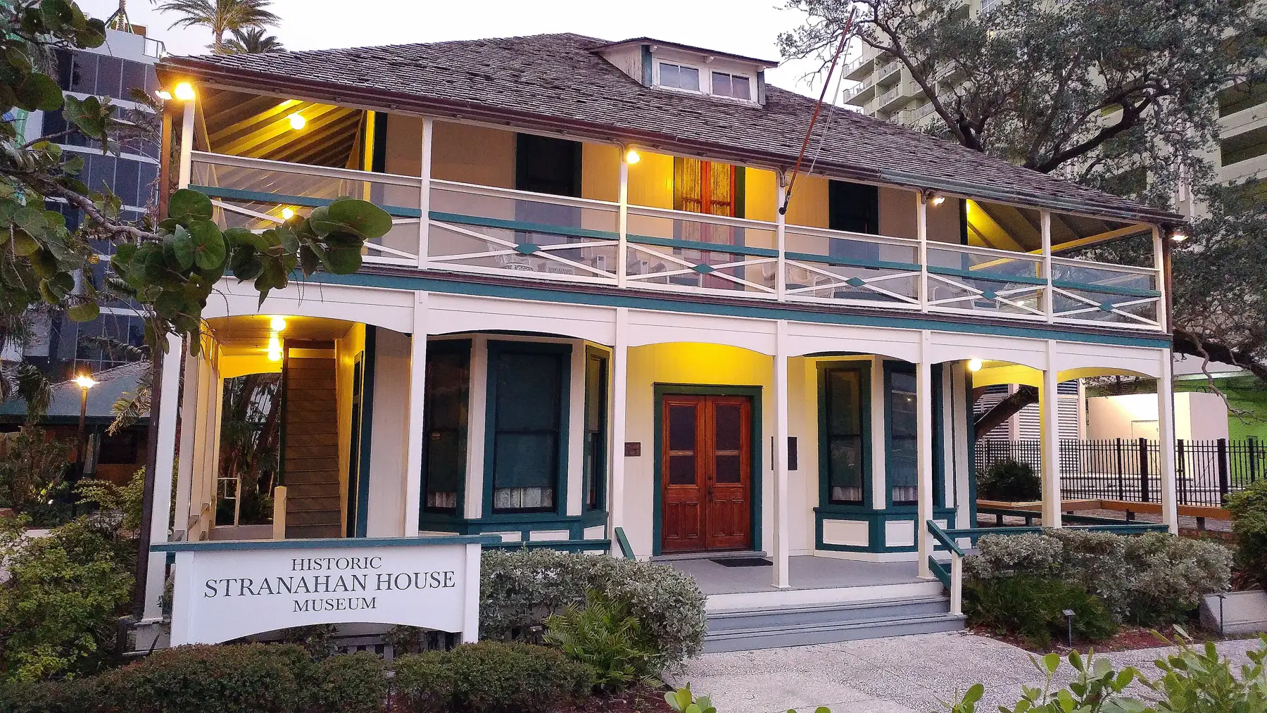 Stranahan House lit at dusk — Las Olas Grand, Fort Lauderdale