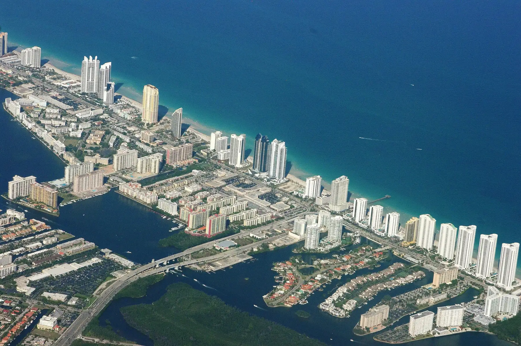Sunny Isles from above: ocean, island and bay — near Ocean Reserve, Sunny Isles Beach