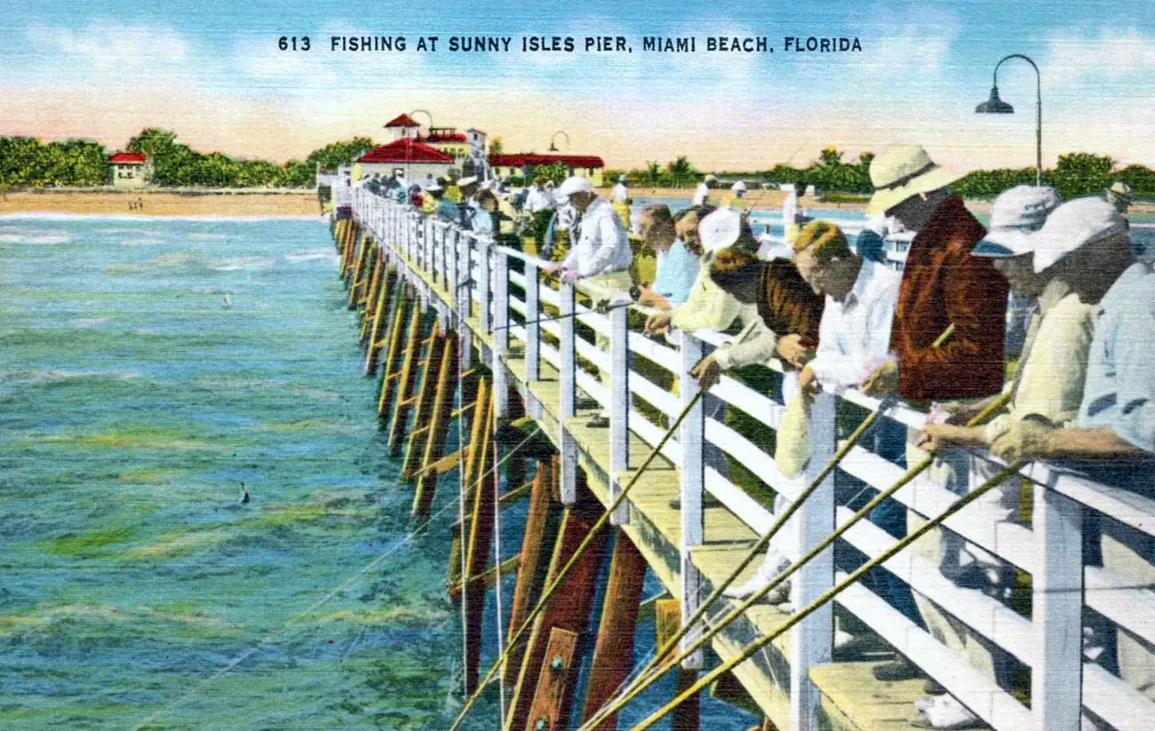 Vintage postcard: fishing at the Sunny Isles pier