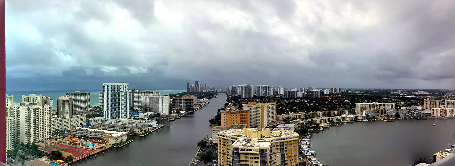 The Intracoastal and Golden Isles, west of the beach towers — Parker Plaza, Hallandale Beach