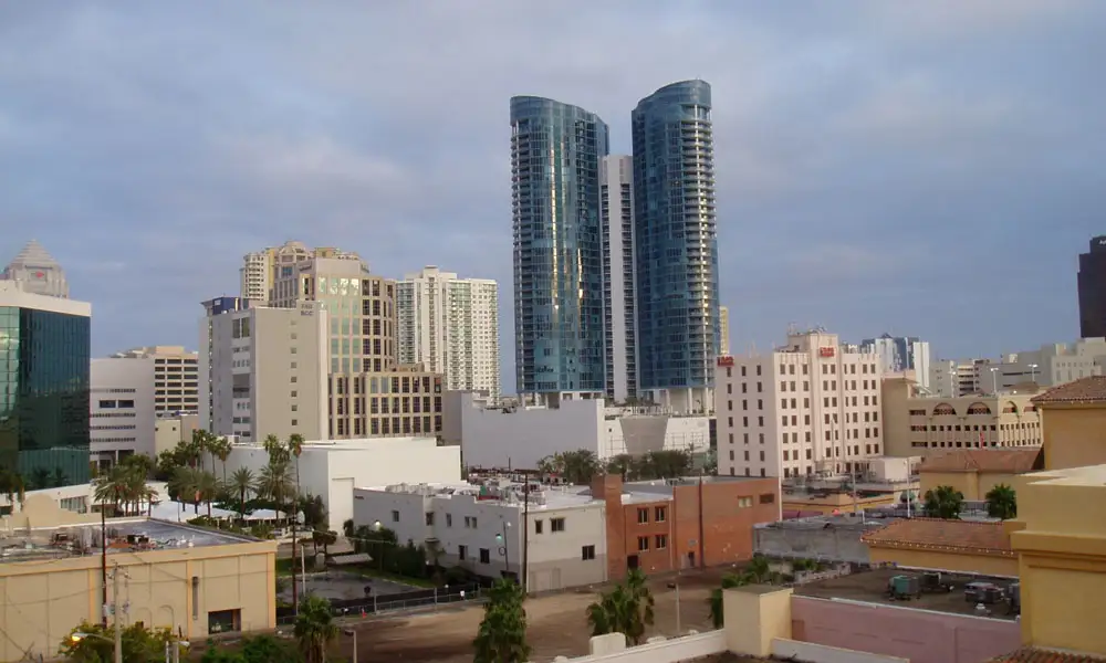 Downtown Fort Lauderdale; the twin blue-glass towers are River House — Las Olas River House, Fort Lauderdale