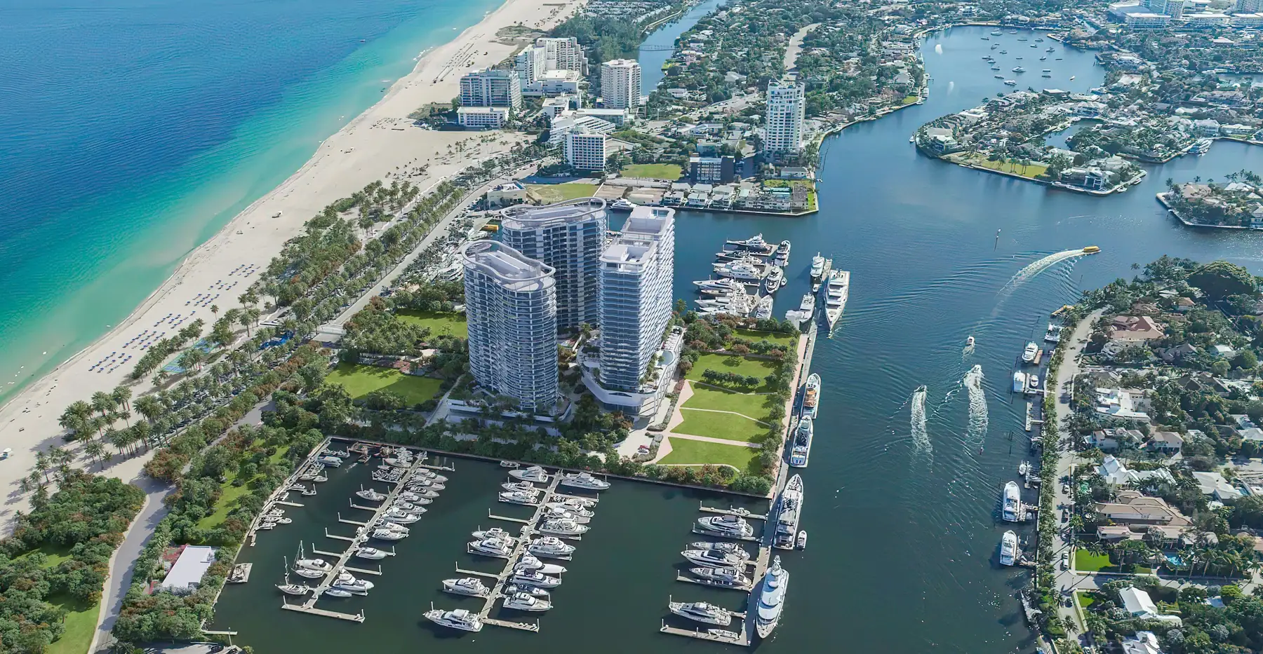 Aerial rendering of Bahia Mar between the Atlantic Ocean and the Intracoastal Waterway in Fort Lauderdale