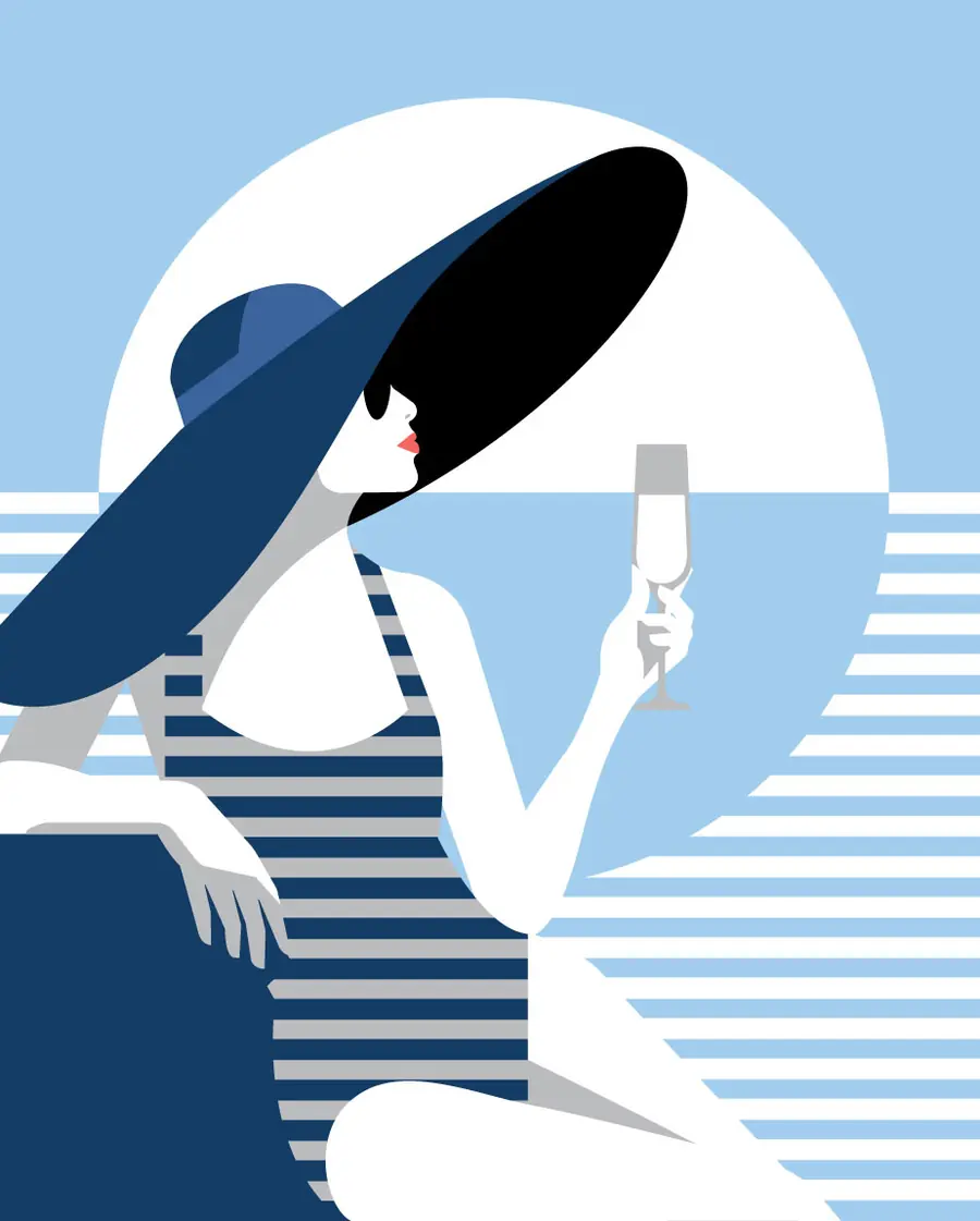 Riviera-style illustration of a woman in a wide-brimmed hat raising a glass, St. Regis Bahia Mar brand artwork