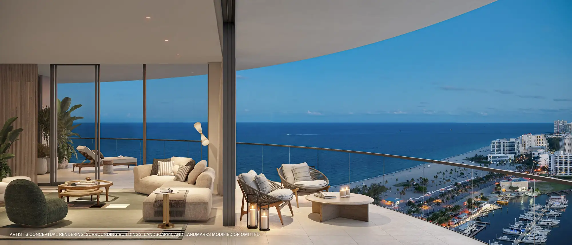 Private Residence wraparound terrace at dusk overlooking the Intracoastal and the Fort Lauderdale skyline