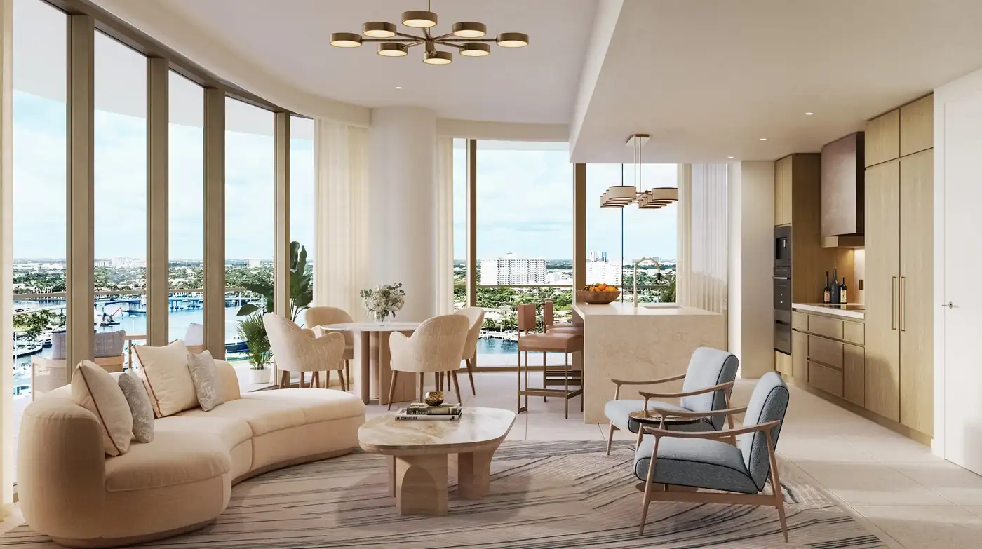 Resort Collection kitchen and living — St. Regis Residences Bahia Mar, Fort Lauderdale