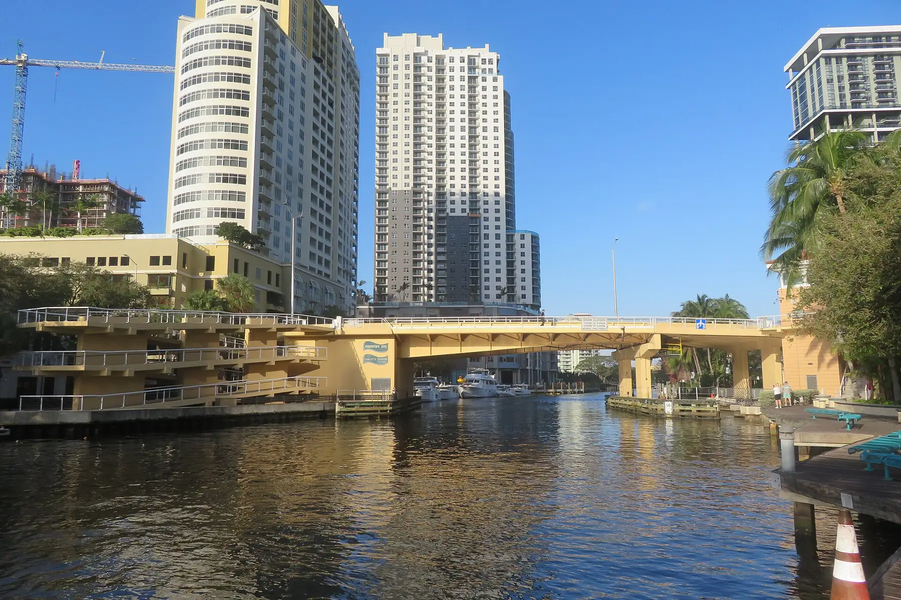 The New River downtown, looking toward a drawbridge — Watergarden, Fort Lauderdale