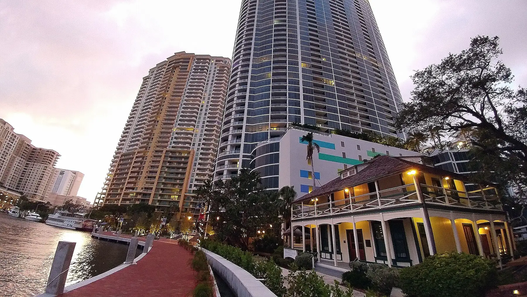 The Riverwalk at dusk by Stranahan House — Watergarden, Fort Lauderdale