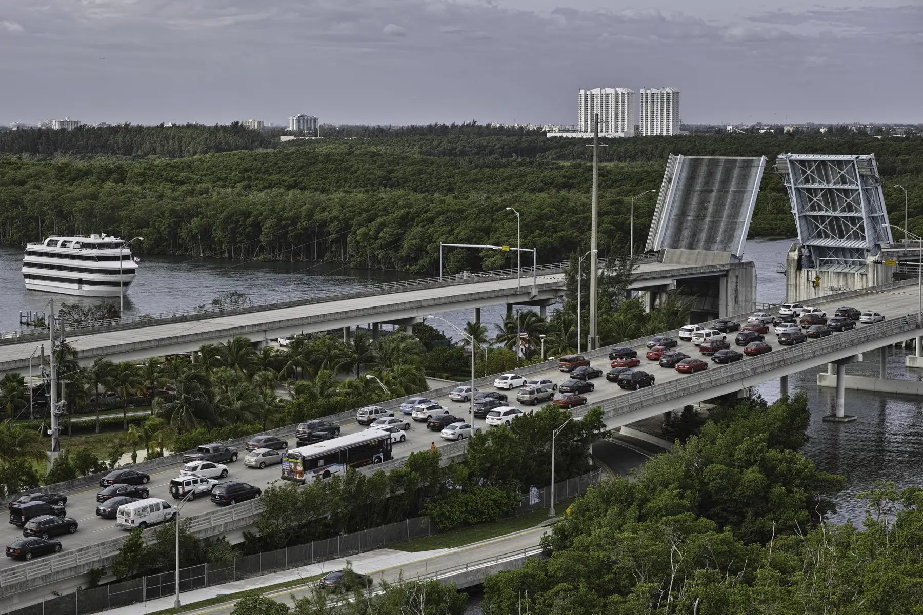 The Sunny Isles Boulevard (163rd St) drawbridge raised for a boat, 2013 — Winston Towers 500, Sunny Isles Beach